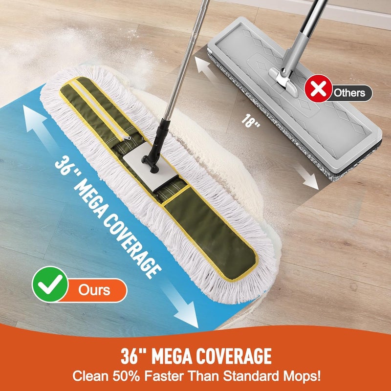 CLEANHOME 36" Commercial Dust Mop for Hardwood Floors, Tile, Laminate & Concrete - Heavy Duty Industrial Mop with Telescopic Handle, 2 Washable Microfiber Pads, Cleaning for Home, Warehouse, Office - Image 3